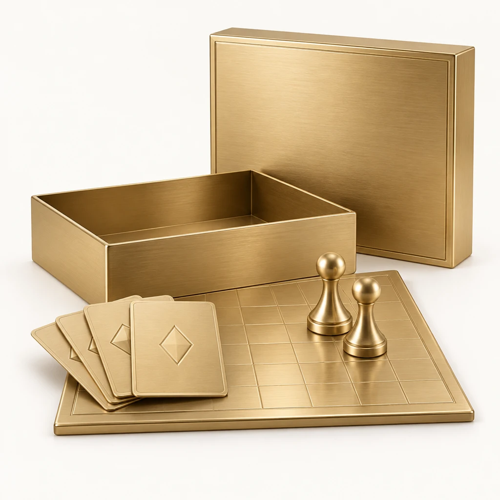 Goldene Spielschachtel, Karten und Figuren als Symbol einer eigenen Edition.