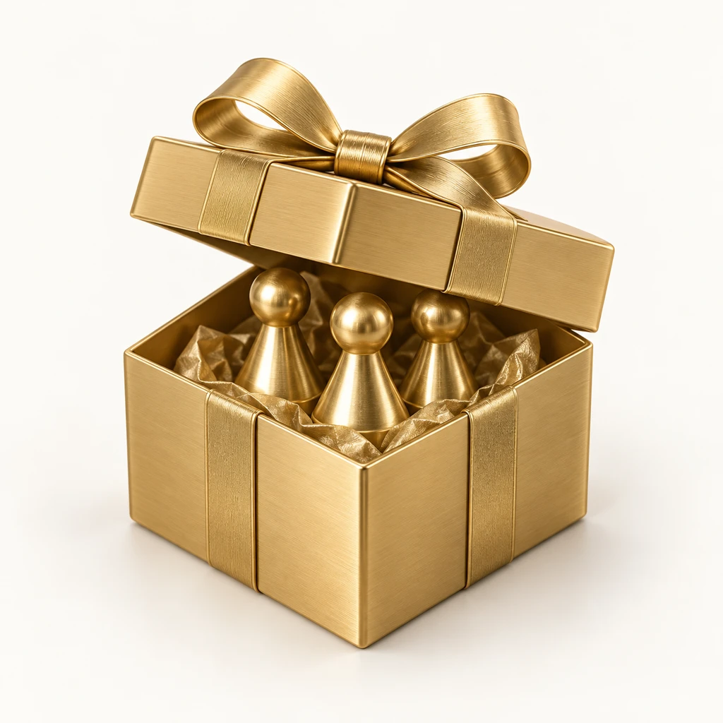 Goldene Geschenkbox mit Spielfiguren als Zeichen der Wertschätzung.